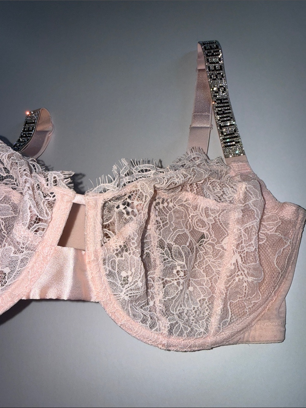 Victoria's Secret Bling 36G Sheer Lace Underwire Bra Pink Embellished Straps